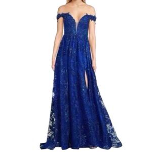NWT $289 MSRP COYA Collection Royal Blue Lace Bead Embellished Off Shoulder Gown